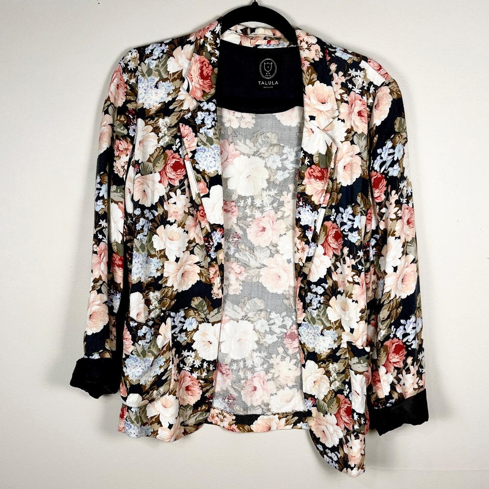 Retro floral print open blazer soft cotton